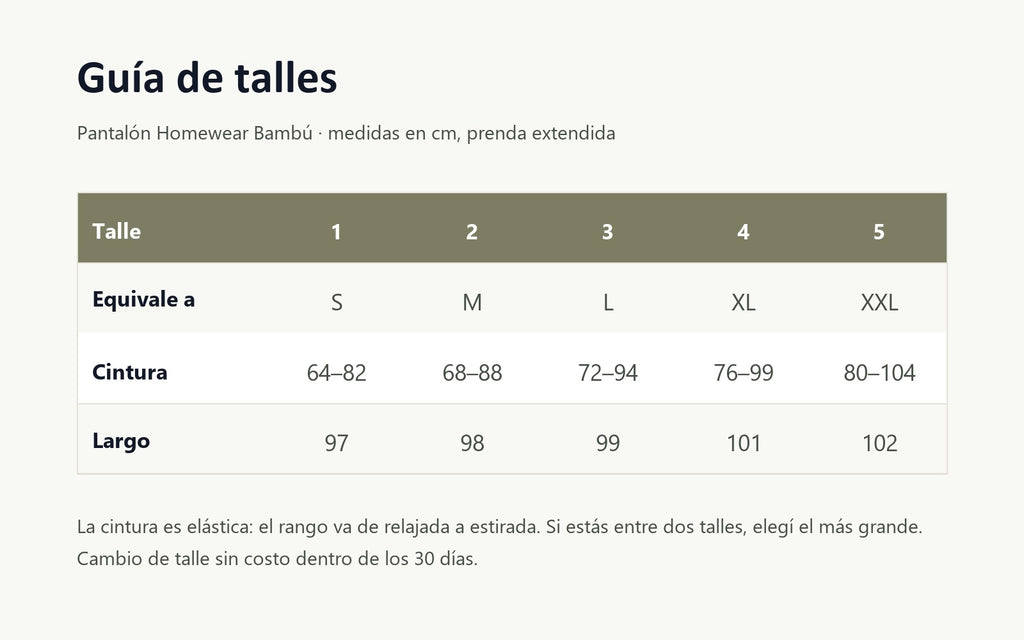 Pantalón Homewear Bambú, guía de talles