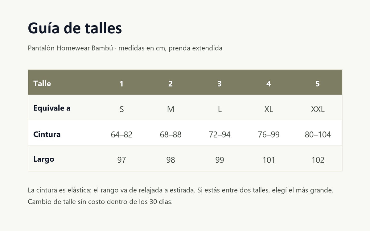 Pantalón Homewear Bambú, guía de talles
